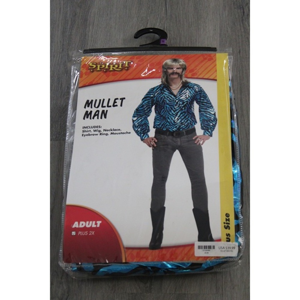Spirit Halloween Mullet Man Costume Plus Size 2X Blue Zebra Shirt Wig Set